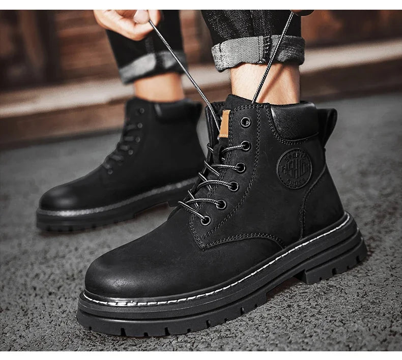 Boots Men High Top Boots High Quality Women Leather Shoes Fashion Outdoor Sneakers Men Lace Up Non-Slip Ankle Boots for Couple - AMULET RING STORE