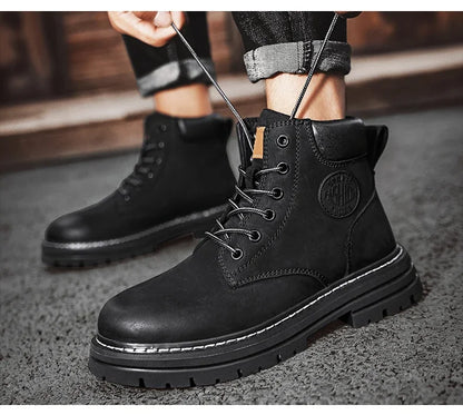 Boots Men High Top Boots High Quality Women Leather Shoes Fashion Outdoor Sneakers Men Lace Up Non-Slip Ankle Boots for Couple - AMULET RING STORE