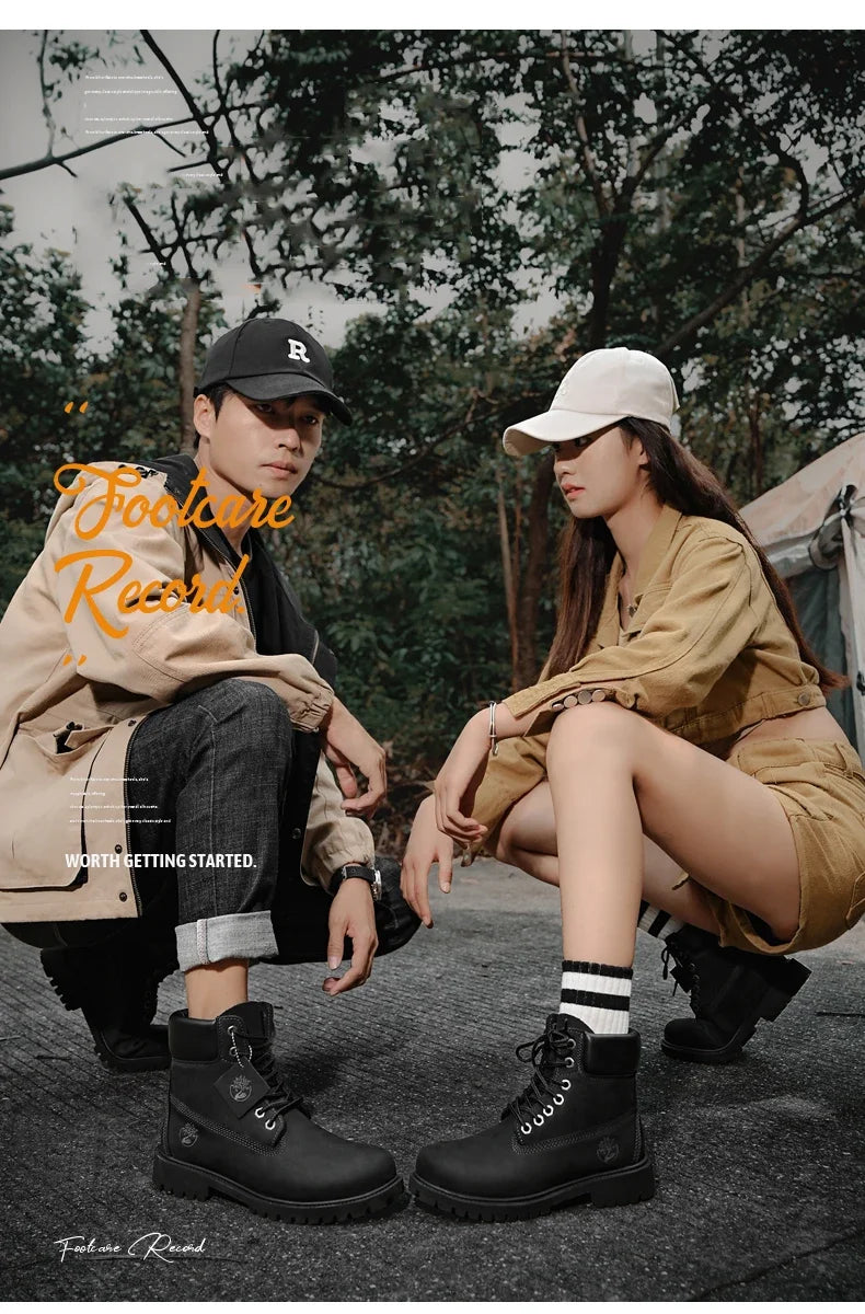 Boots Men High Top Boots High Quality Women Leather Shoes Fashion Outdoor Sneakers Men Lace Up Non-Slip Ankle Boots for Couple - AMULET RING STORE