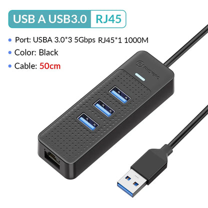 PHIXERO USB 3.0 Hub 2500Mbps Ethernet With RJ45 USB Splitter Multi Port Data Adapter Expander for Laptop Computer PC Accessories