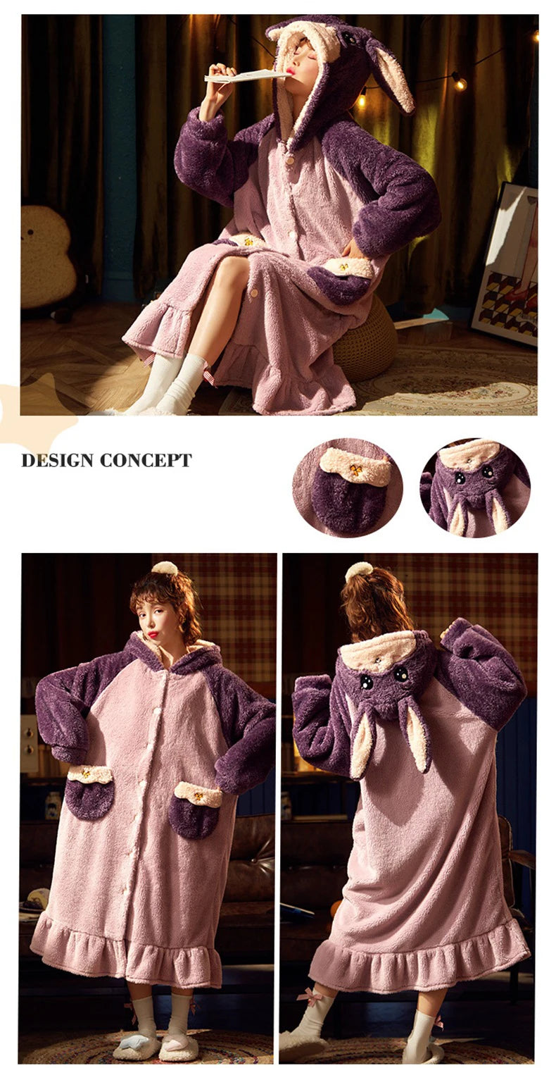 2024 Winter Pajamas For Women Cartoon Hooded Long Robe Strawberry Jacket Cute Home Wear Sleepwear Kawaii Flannel Warm Bathrobe - AMULET RING STORE