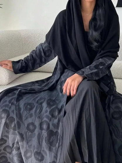 Loose Abaya Women Full Sleeve Printed Open Front Abayas Casual Kaftans Jilbabs Islamic Maxi Dresses Middle-East Ethnic Clothing - AMULET RING STORE