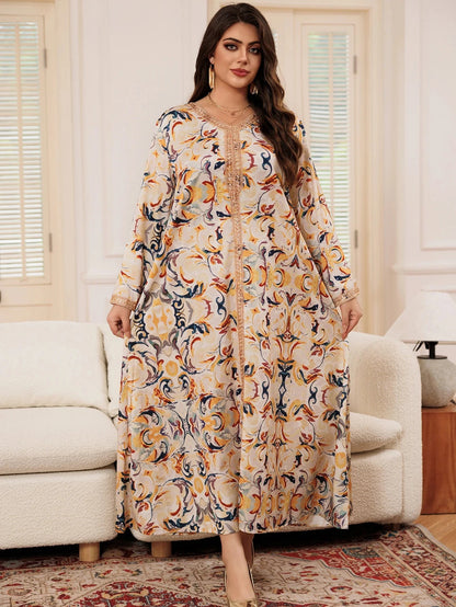 Women's Dress Multicolour Long Sleeve Printed Lace Patchwork Middle East Arabian Resort Style Maxi Dress Maxi Dress Simple - AMULET RING STORE