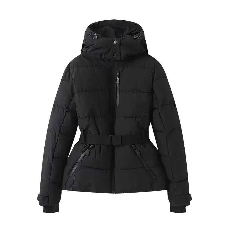Women's Winter Hooded High Waist Padded Sport Parkas Coats with Belt Female Elegant Thick Warm Pockets Windproof Skiing Jackets