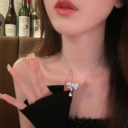 Korean Fashion Pink Crystal Heart Bow Tie Pendant Necklace Silver Color Chain Neck Necklace for Women Wedding Aesthetic Jewelry