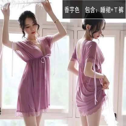 Sexy Sleepwear Women V-neck Nightgown Sexy Nightdress Lace Mesh Pajama Loungewear Summer Dress Nightwear Night Wear
