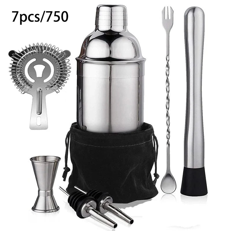 6/7/10pcs Stainless Steel Cocktail Shaker Bartending Tools Bartender Kit Martini Sharker Drink Mixer Set With Storage Bag - AMULET RING STORE