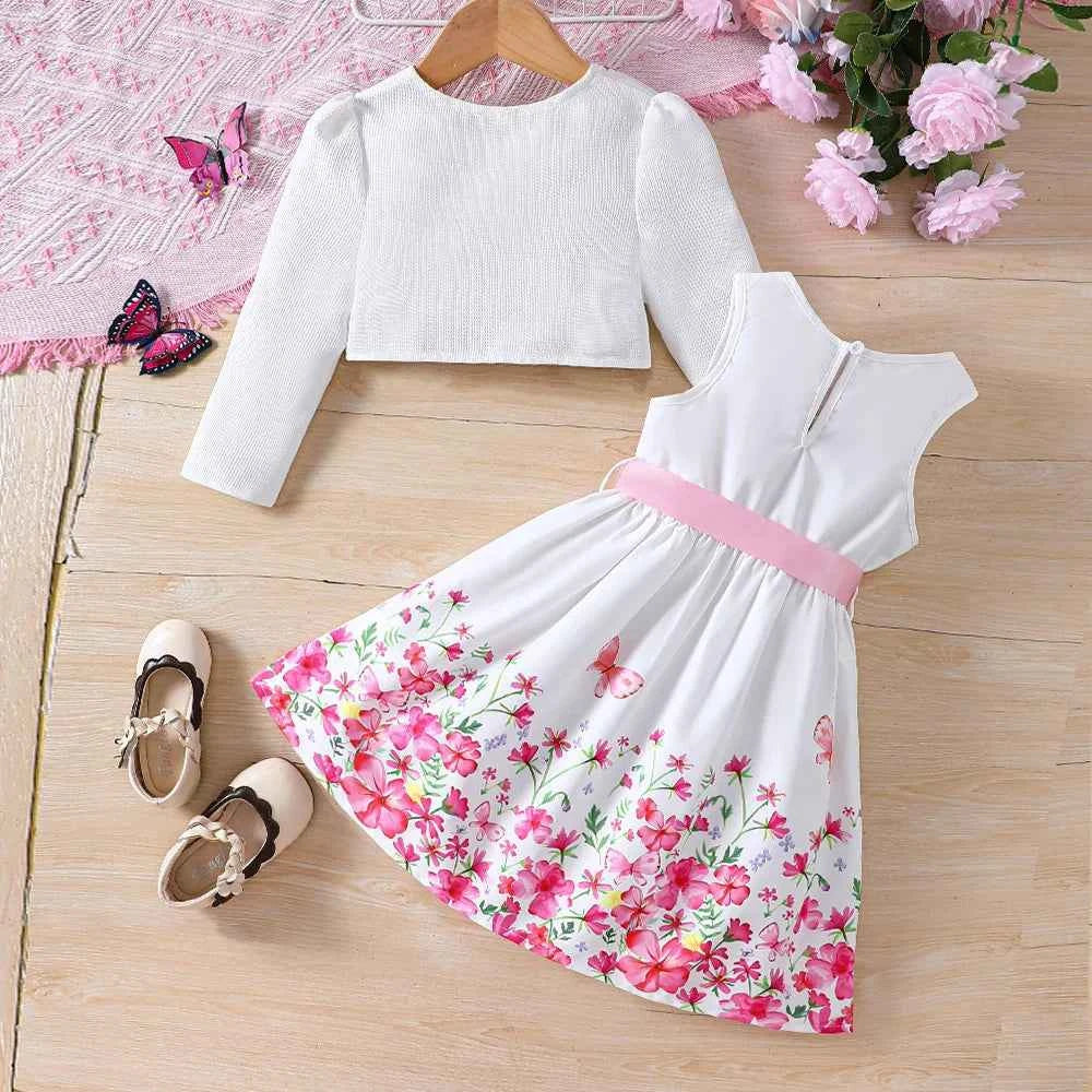 Kids Casual Clothing Sets Outfits for Girls Autumn Winter 2024 New Toddler Floral Print Long Sleeve Coat Tank Dress Children