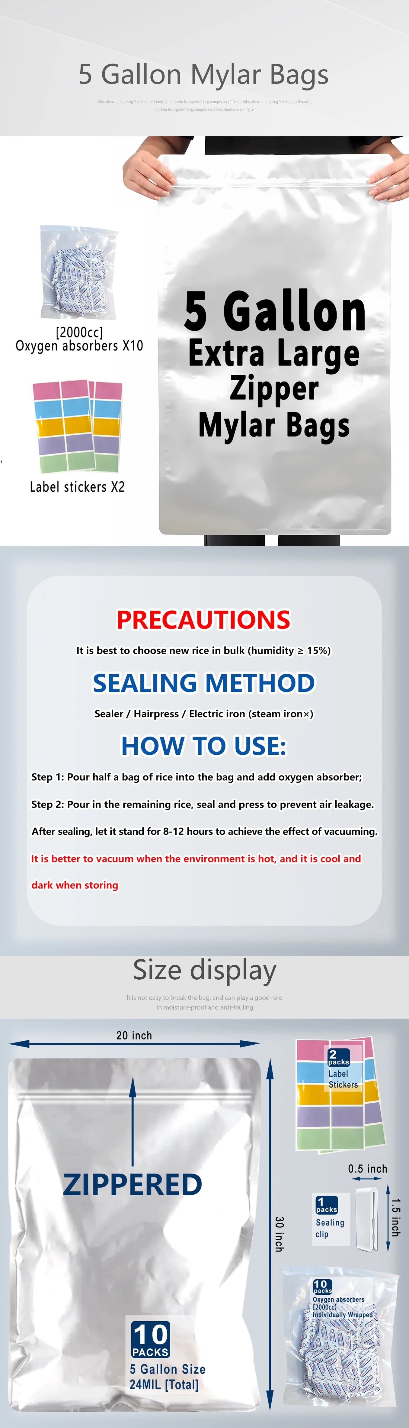 10pcs 5 Gallon Mylar Bags for Food Storage 12 Mil Thick Mylar Bags 5 Gallon with Oxygen Absorbers 2000cc Ziplock Resealable Bags - AMULET RING STORE