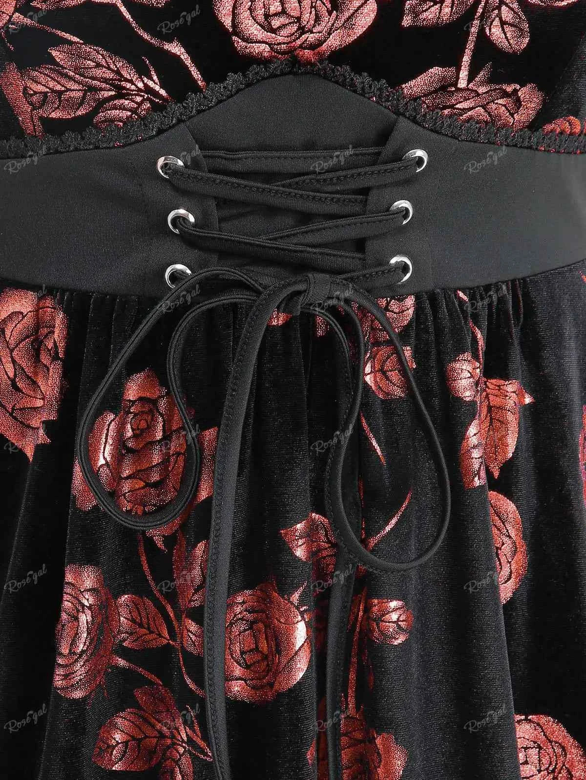 ROSEGAL Plus Size Gilding Rose Lace Up Velvet Sleeveless Swing Dress Women Summer Casual Knee-Length Dress Vestidos With Pocket