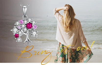 JewelryPalace Life Tree Created Ruby 925 Sterling Silver Pendant Necklace for Women Statement Gemstone Jewelry Choker No Chain