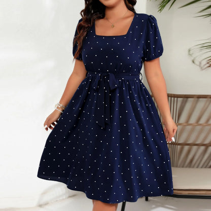 Plus Size Ladies Elegant Retro Polka Dot Waist Tie Square Neck Dress Classic Fashion Summer Short Sleeve Vacation A-line Skirt