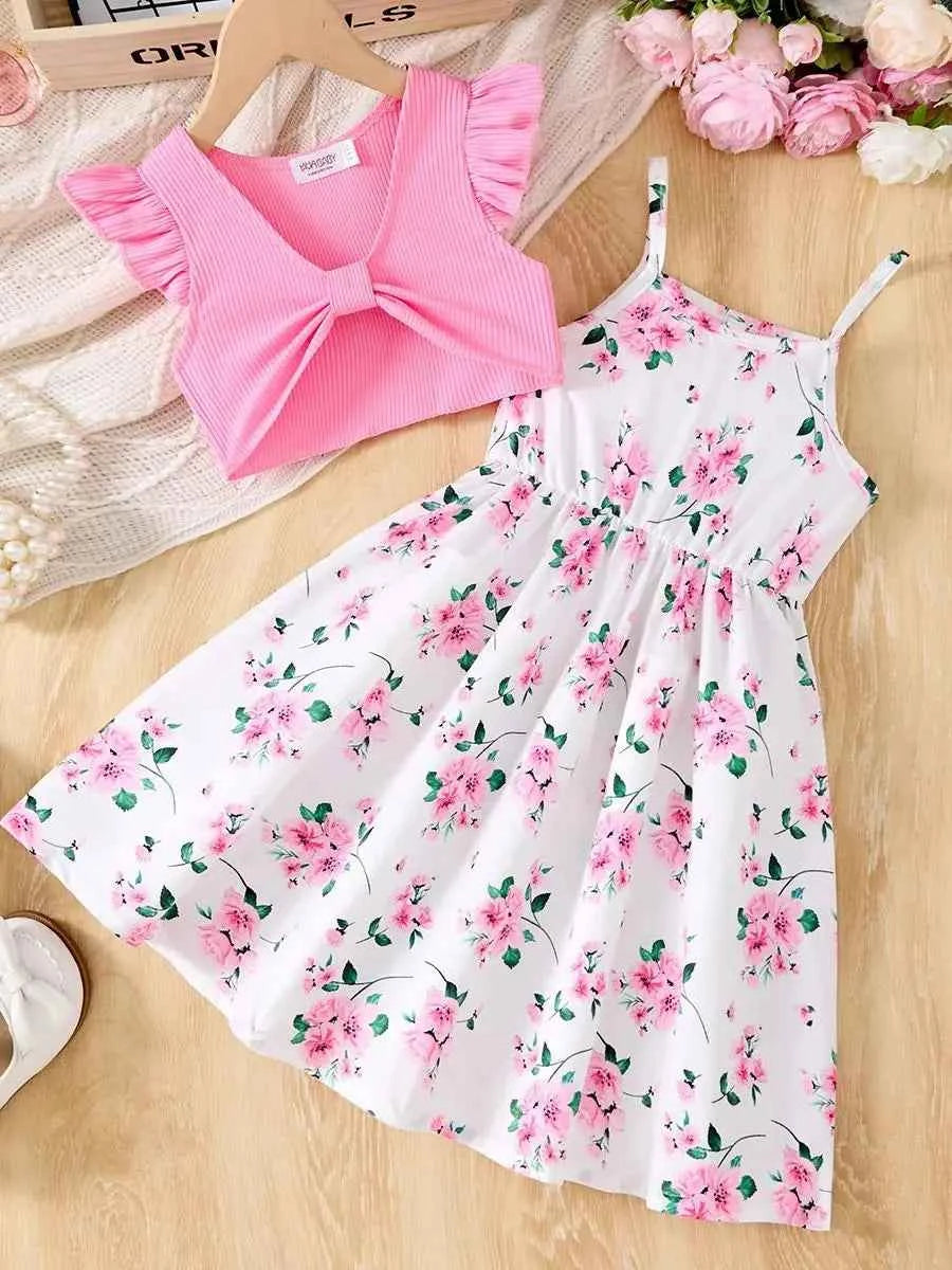 2Pcs Girls Elegant Pink Floral Print Dress Summer Sleeveless Casual Dress and Jacket Sets for Girls Festivals Outing Clothes