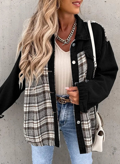 Autumn and Winter Long Sleeved Plaid Color Block Shaking Button Shirt Collar Denim Jacket for Women - AMULET RING STORE