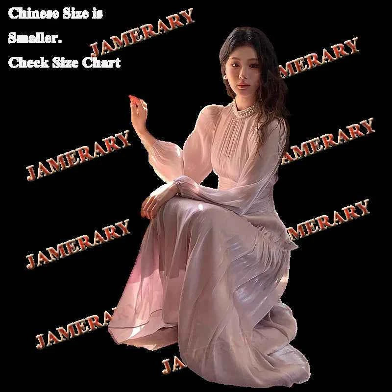 Elegant Summer Sation Long Sleeve Maxi Dresses Women Solid Fashion Ruffle Pleated Shiny Sweet Autumn Dress