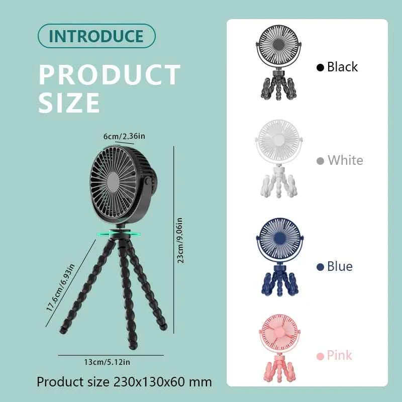 Portable Oscillating Pram Fan Mini Handheld Personal Car Seat Baby Fan with Flexible Tripod Clip-on USB Battery Operated