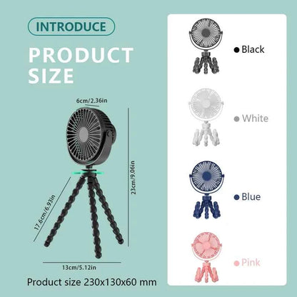 Portable Oscillating Pram Fan Mini Handheld Personal Car Seat Baby Fan with Flexible Tripod Clip-on USB Battery Operated