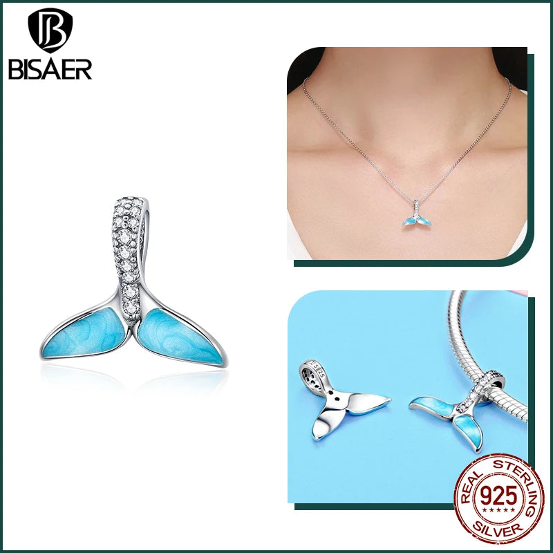 BISAER 925 Sterling Silver Charm Ocean Style Fish Dolphin Mermaid Shell Blue CZ Bead For Necklace&Bracelet DIY Fine Jewelry Gift - AMULET RING STORE