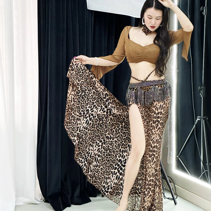 Belly dance set women's mesh long sleeved top+sexy leopard print skirt 2pcs adult oriental dance professional practice clothes
