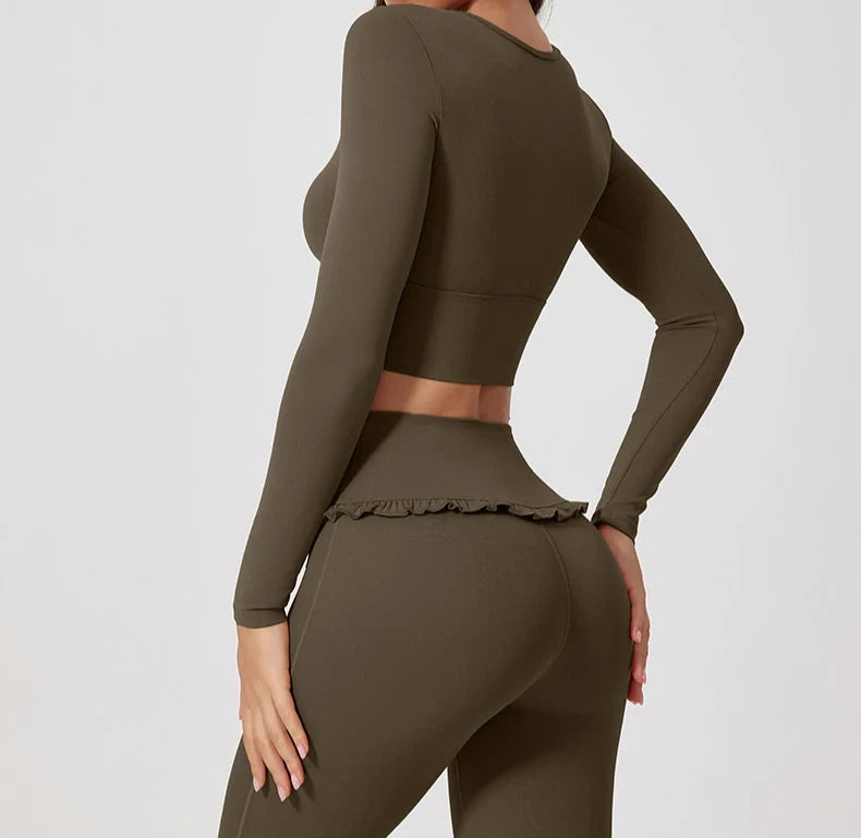 1/2PCS Pad Women Yoga Set Lotus Gym Fitness Long Sleeve Sports Crop Top High Waist Bell Flare Legging Workout Athletic Wear