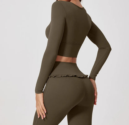 1/2PCS Pad Women Yoga Set Lotus Gym Fitness Long Sleeve Sports Crop Top High Waist Bell Flare Legging Workout Athletic Wear