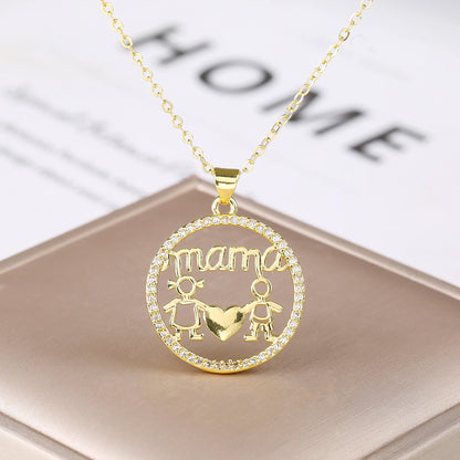Luxury High Quality Round Shape Mama Children Shine Zircon Pendant Necklace For Women Clavicle Chain Jewelry Mother's Day Gifts