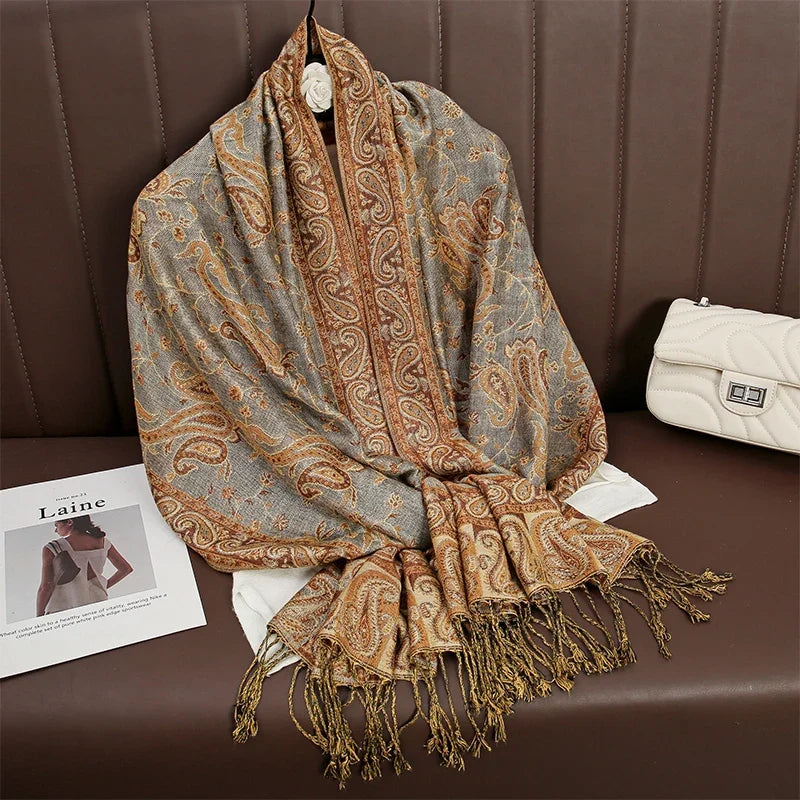 Women National Style Flower Pattern Scarf Jacquard Pashmina Cashmere Tassel Classic Shawl Coldproof Warm Neck Protection