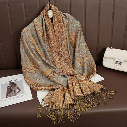 Women National Style Flower Pattern Scarf Jacquard Pashmina Cashmere Tassel Classic Shawl Coldproof Warm Neck Protection