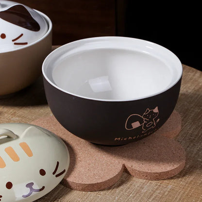 550ml Cartoon Cat Ceramic Instant Noodle Bowl With Lid Underglaze Color Soup Salad Bowl Kitchen Office Student Lunch Box 1pcs - AMULET RING STORE