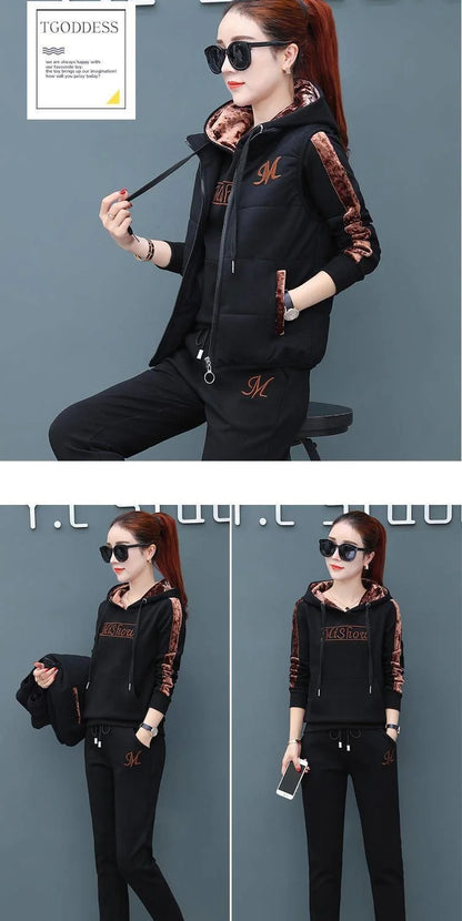Women's Fashion Plush Thickened Sweat Suit 2025 Autumn Winter New Casual Hooded Tops Waistcoat Pants 3 Three Piece Set For Women