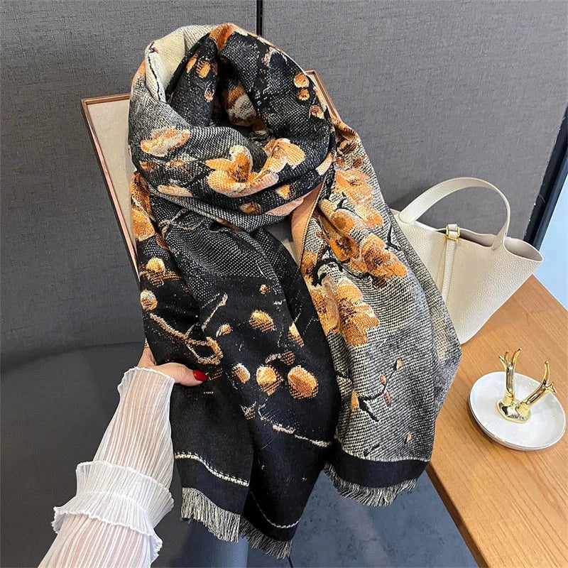 65*190cm Winter Warm Women Scarf Double-Sided Flower Faux Cashmere Scarves Luxury Wrap Shawls High-Quality Pashmina - AMULET RING STORE