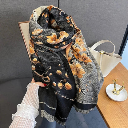 65*190cm Winter Warm Women Scarf Double-Sided Flower Faux Cashmere Scarves Luxury Wrap Shawls High-Quality Pashmina - AMULET RING STORE