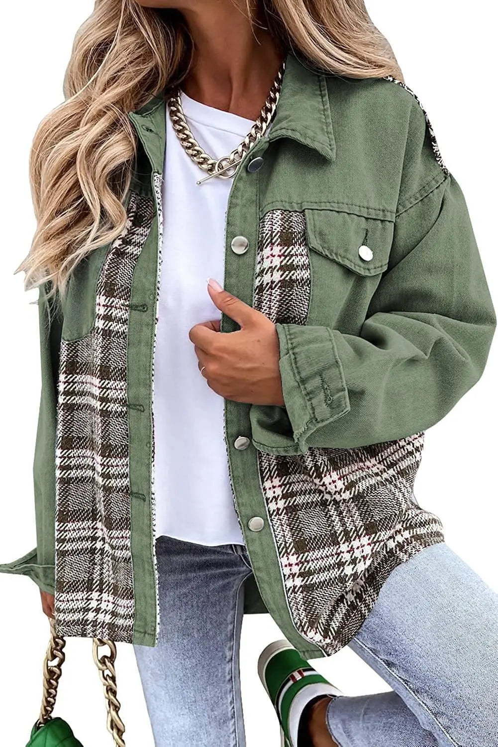 Autumn and Winter Long Sleeved Plaid Color Block Shaking Button Shirt Collar Denim Jacket for Women - AMULET RING STORE