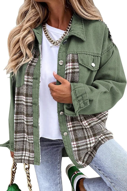Autumn and Winter Long Sleeved Plaid Color Block Shaking Button Shirt Collar Denim Jacket for Women - AMULET RING STORE