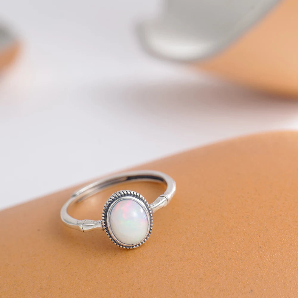 Vintage S925 Silver Ring Natural Opal Antiqued Bamboo Stackable Open Bands Adjustable Handmade Boho Jewelry Birthstone Gift - AMULET RING STORE
