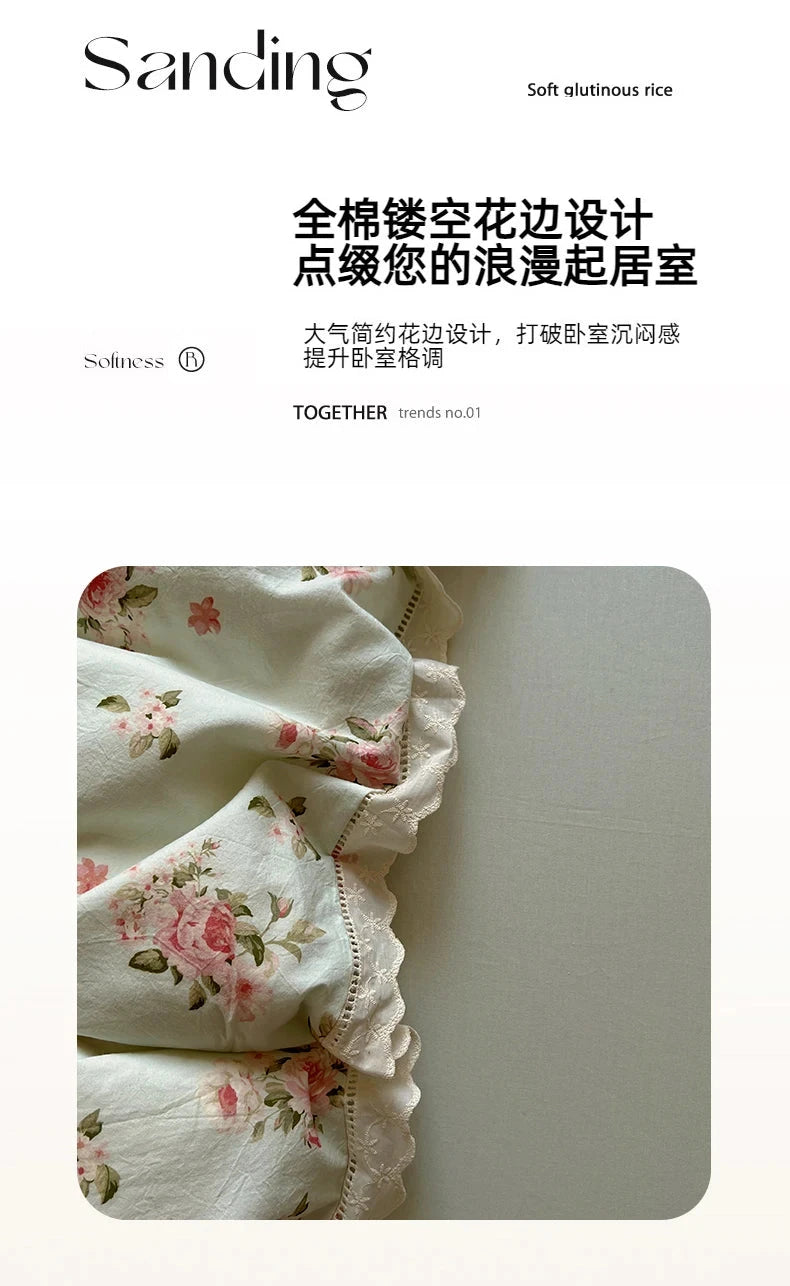 Washed Cotton Duvet Cover Sets Single/Queen/king Flower Printed Bedding Set Princess Style e housse de couette 220x240 with Lace - AMULET RING STORE