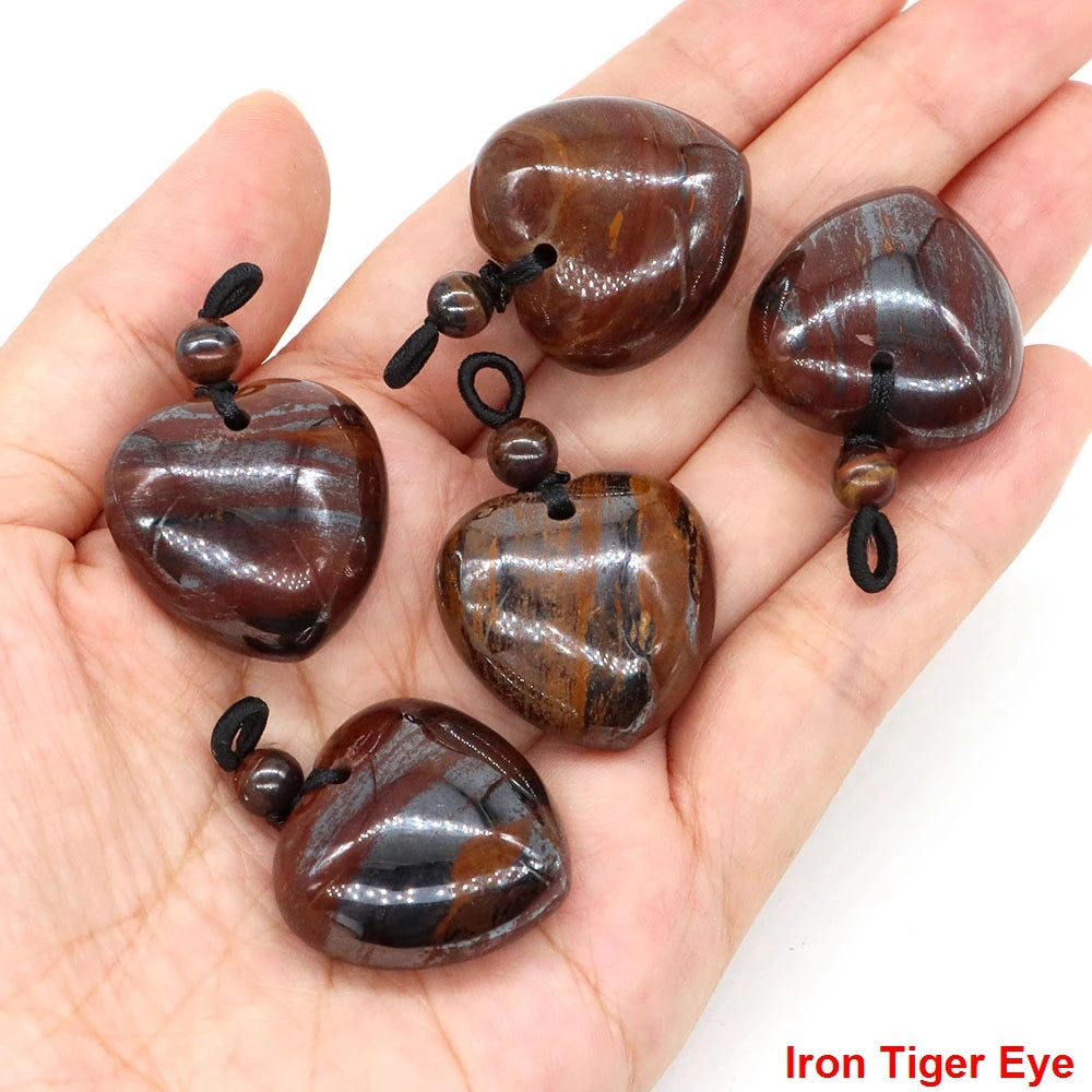 24mm Heart Shape Pendants Natural Stone Healing Crystal Quartz Tiger Eye Energy Gemstones for Jewelry Making DIY Necklace Gifts
