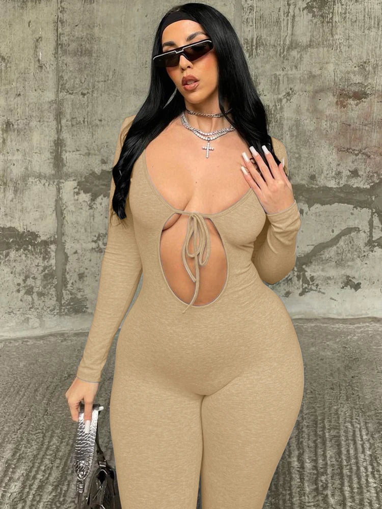 Dulzura Solid Pure Hole Hollow Out Straps Lace-Up Jumpsuit Long Sleeves 2023 Summer Autumn For Women Sexy Streetwear Wholesale - AMULET RING STORE