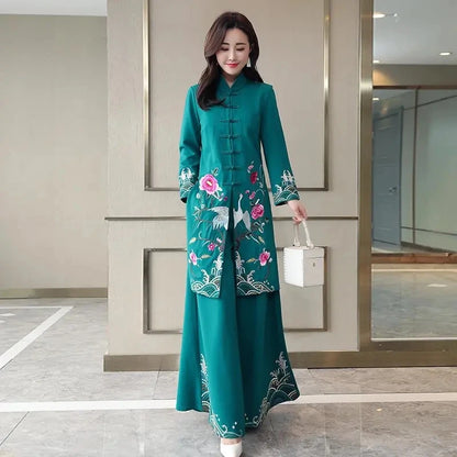 Long Ethnic Style Cheongsam Set Spring and Autumn Drop Feel Wide Leg Pants Mom Retro Slim Straight Tube Embroidery Two Piece Set