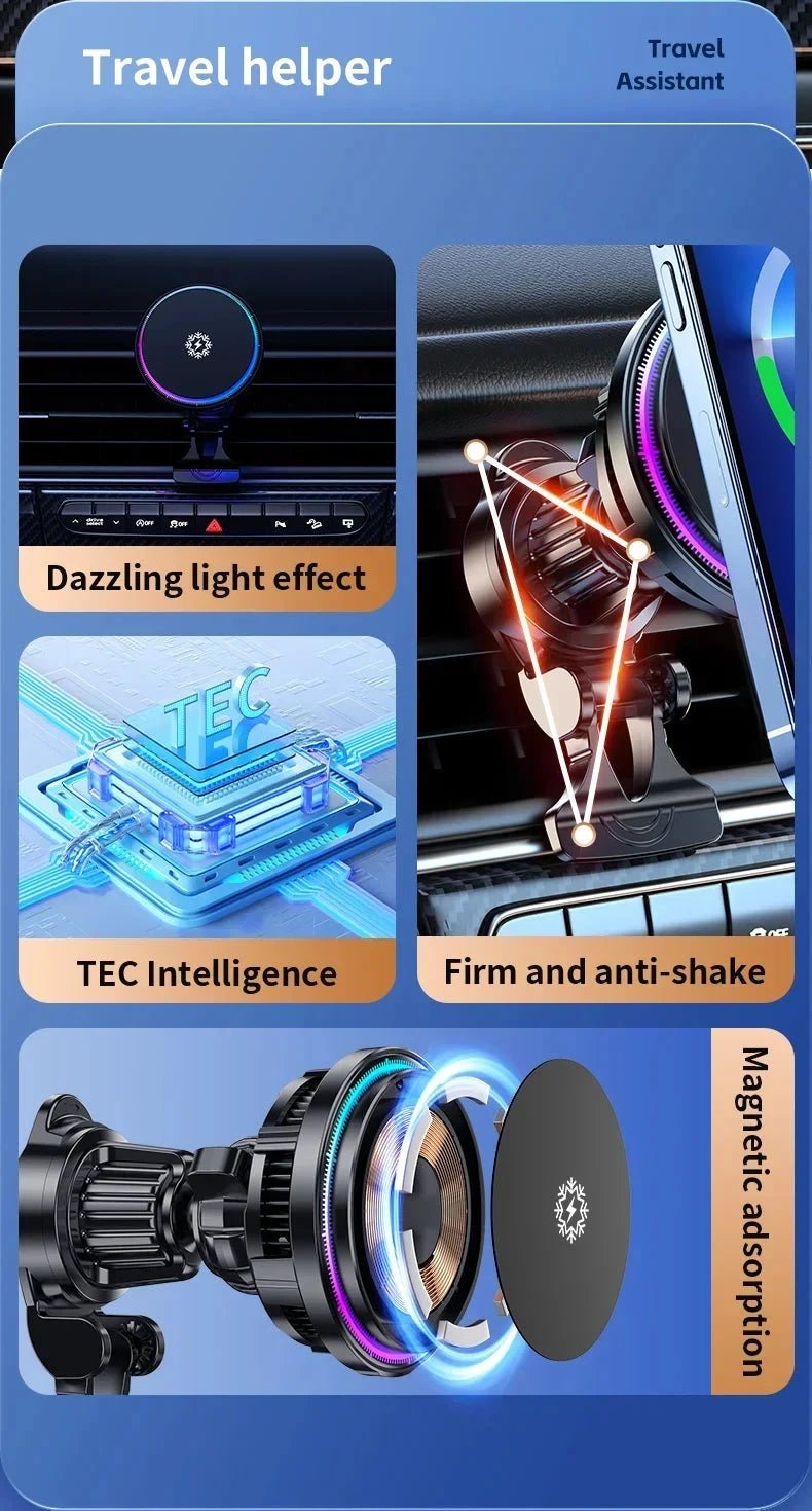 ice Cooling Magnetic Wireless Car Charger Stand for iPhone 16 15 14 13 12 Pro Max MacSafe Car Phone Holder Fast Charging Station