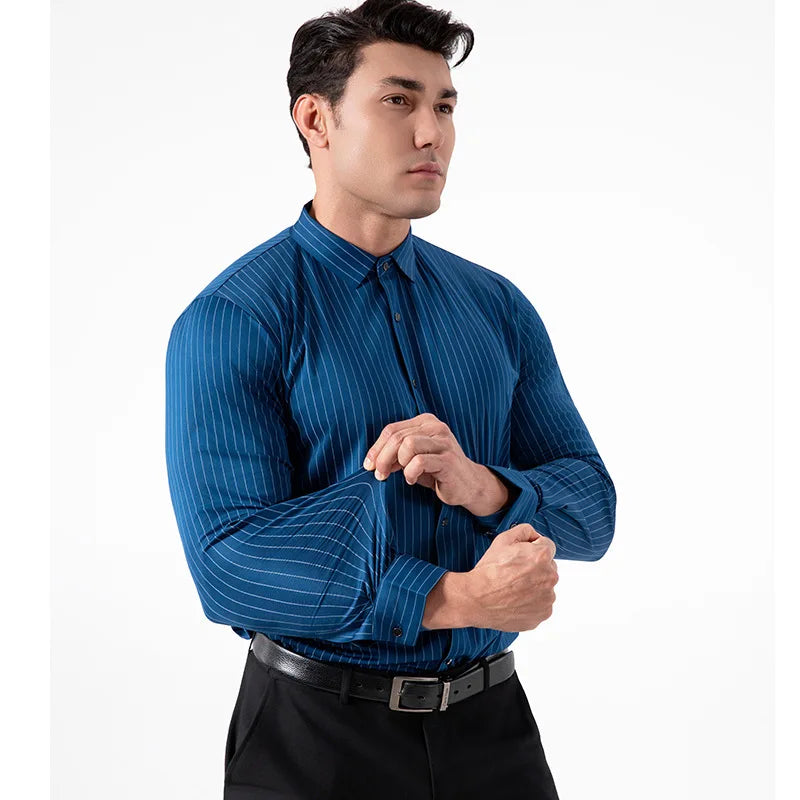 New Stylish Men's Striped Shirt Long Sleeve Business Casual High Elasticity Spring Autumn Seamless Easy-care Soft Man Clothing