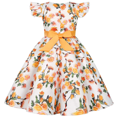 Girls Party Dresses Elegant Flower Printed Princess Dress Girls Birthday Party Wedding Bridesmaid Gown Girl's Ceremonial Dress