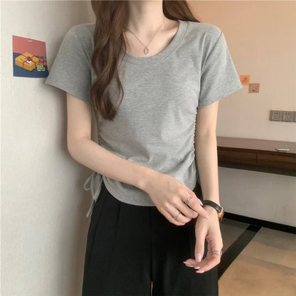 Drawstring Short Sleeve T-shirt Women Spring Summer Spicy Style Slim Fit Short Unique Top M L Xl 2XL Korean Casual Style - AMULET RING STORE