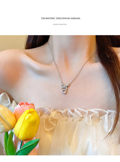Korean Fashion Pink Crystal Heart Bow Tie Pendant Necklace Silver Color Chain Neck Necklace for Women Wedding Aesthetic Jewelry