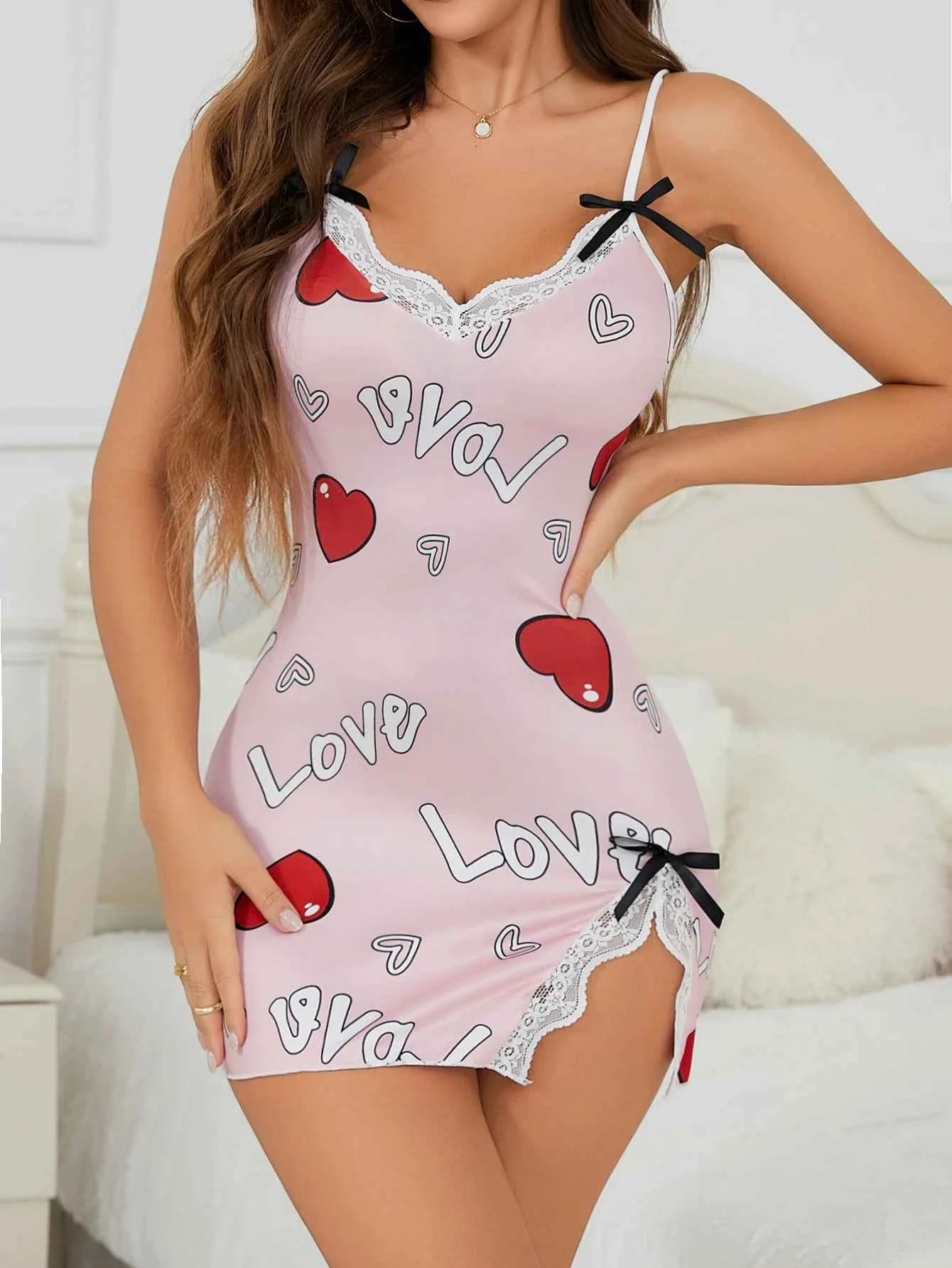 Heart Letter Floral Slip Nightdress Lace Trim Deep V Side Split Sleep Dress Soft Breathable Fabric For Women Night Gown