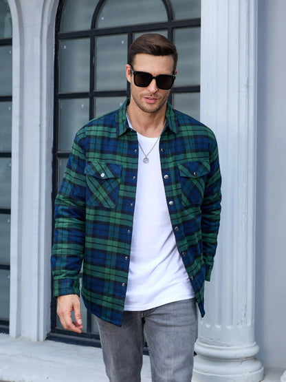 TACVASEN Winter Plaid Cotton Jackets Mens Long Sleeve Quilted Lined Flannel Shirt Jacket Multi-Pockets Outwear Hiking Coats Tops