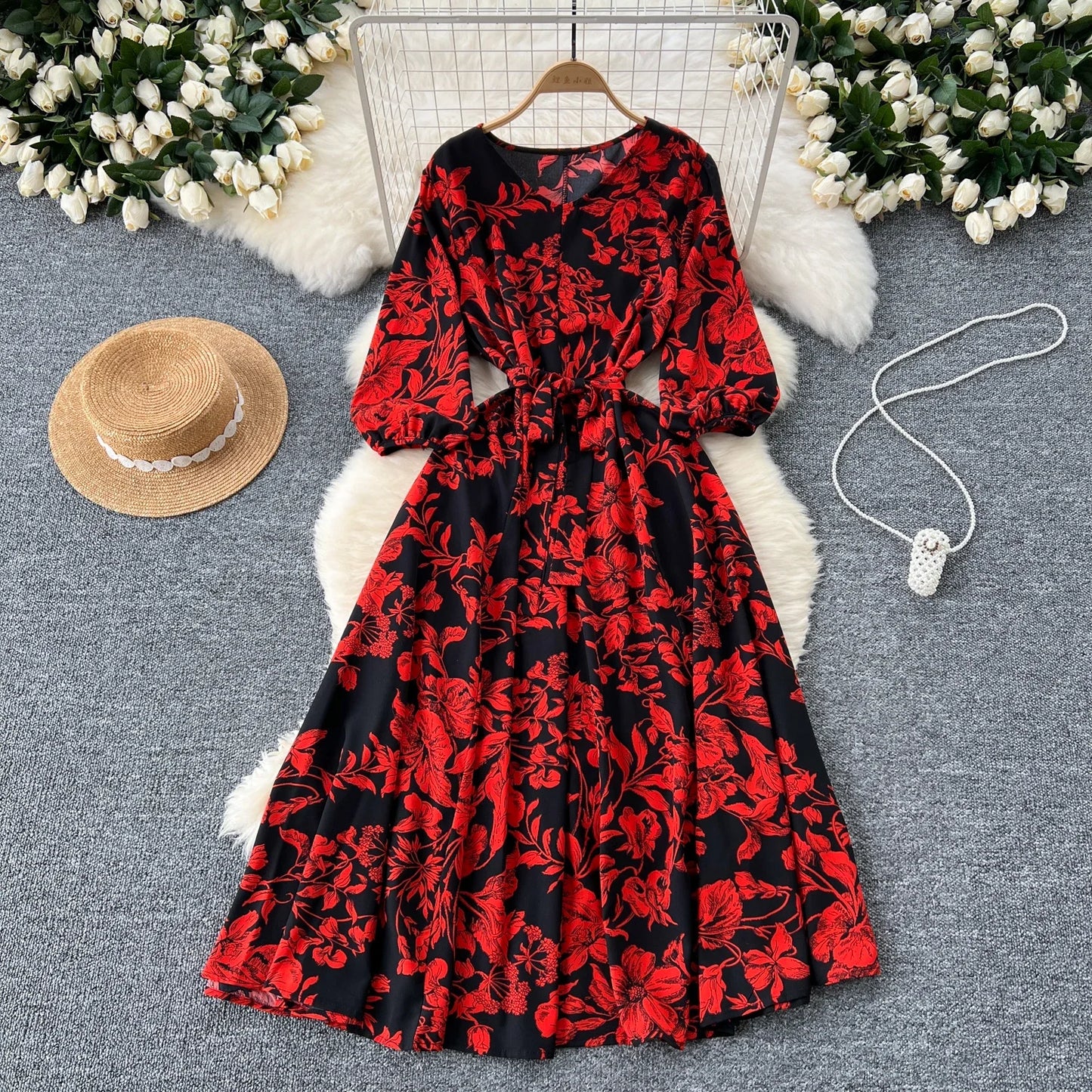 Elegant Boho Floral Print Floral Pleated Maxi Long Dress Female V Neck Puff Sleeve Belt Dresses Women Summer Dress Robe