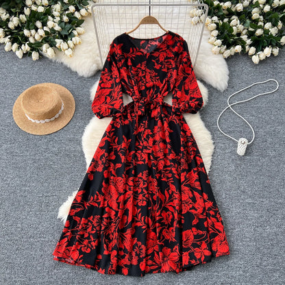Elegant Boho Floral Print Floral Pleated Maxi Long Dress Female V Neck Puff Sleeve Belt Dresses Women Summer Dress Robe