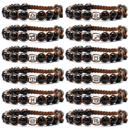 12 Zodiac Natural Stone Obsidian Hand-Woven Bracelets Cancer  Pisces Men's Bracelets Couples Friendship Jewelry pulseras hombre