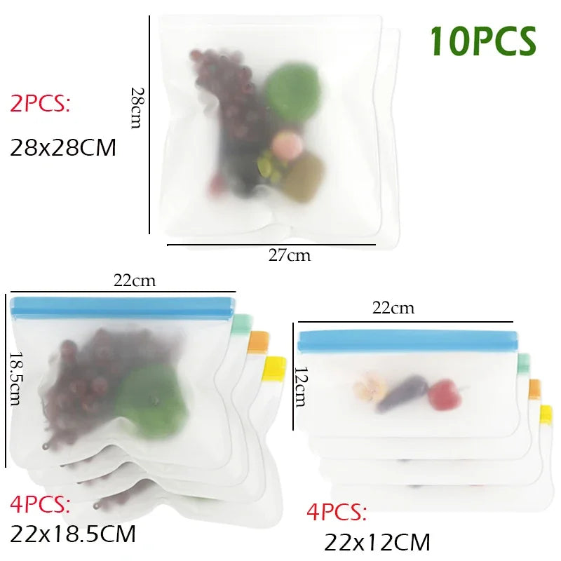 10Pcs Silicone Food Storage Bag Leakproof Reusable Stand Up Zip Shut Bag Cup Fresh Bag Food Storage Bag Fresh Wrap - AMULET RING STORE